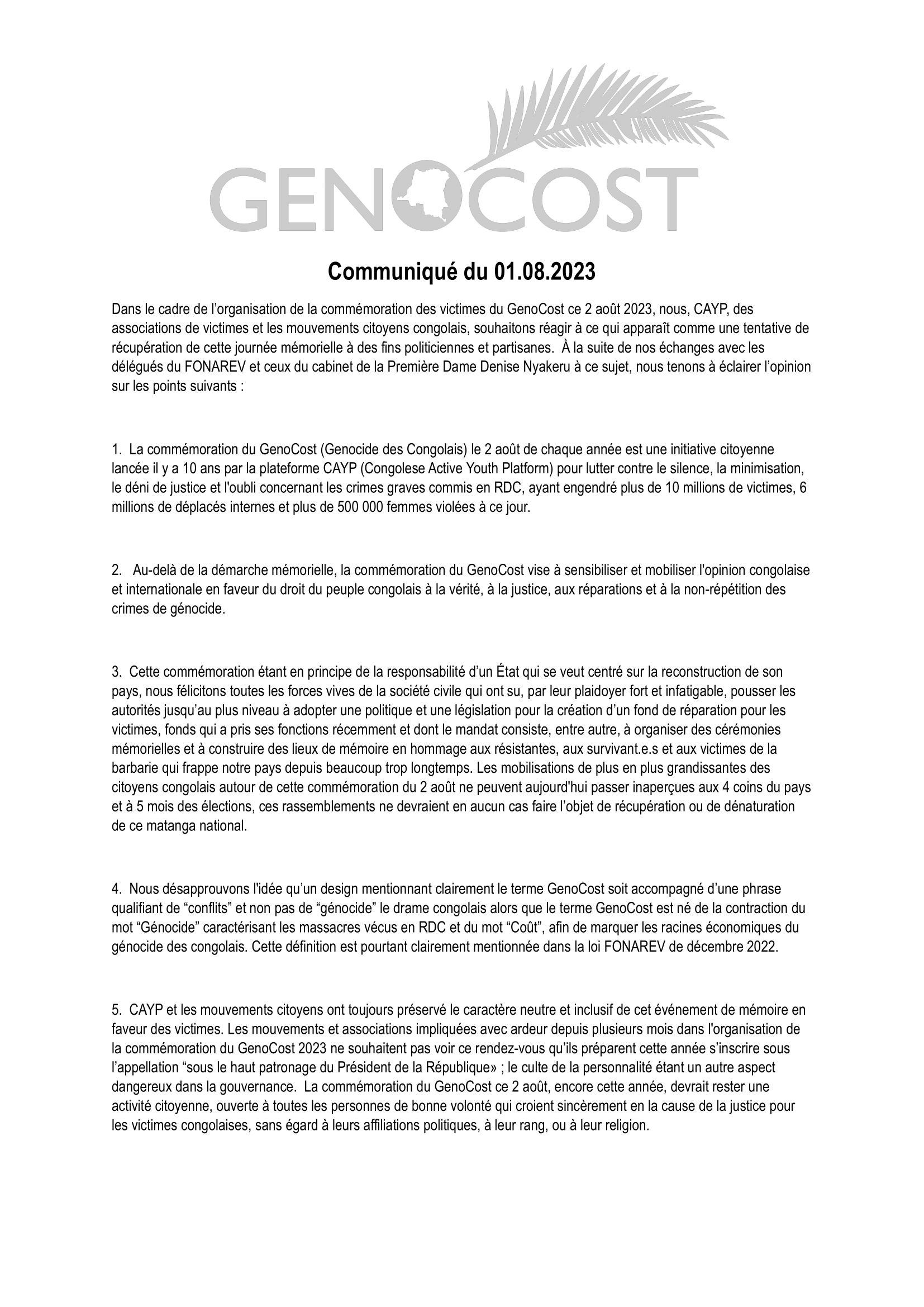 Communique of the Genocost