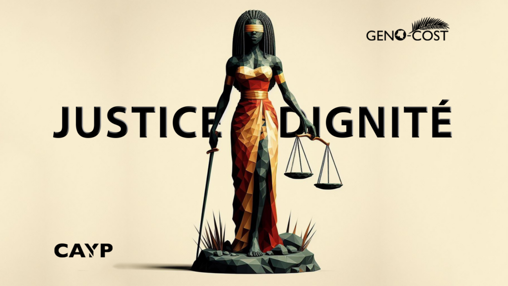 Génocost 2024 : Appel à la Dignité et à la Justice. La dese de la justice tenant une epee et une balance.